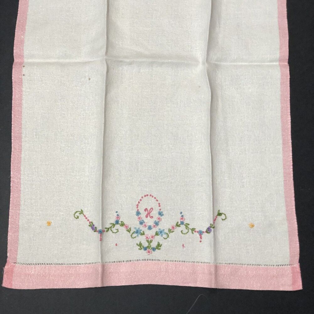 Vintage Tea Towel Set Monogram H K X Embroidered Tiny Flowers Pink Blue - Picture 5 of 16